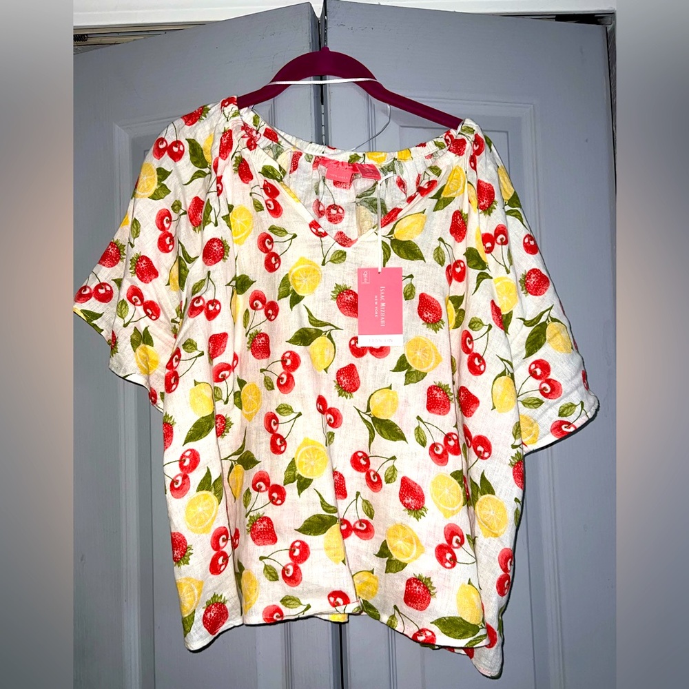 🍋NWT Isaac Mizrahi Cherry Lemon Print Blouse size 1X